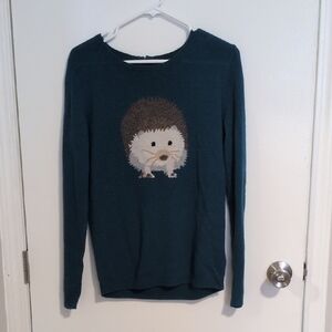 Talbots Teal Sweater with Hedgehog Design